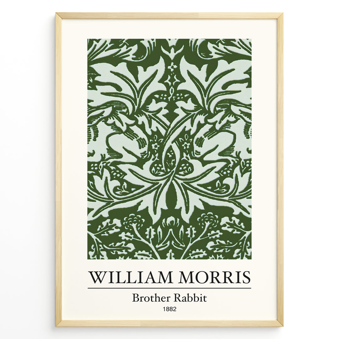 Framed William Morris Brother Rabbit 1882 art print plakat with detailed green foliage and rabbit pattern on a pale background.
