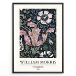 Indlæs billede til gallerivisning Framed William Morris Compton 1896 art print plakat featuring pink and white floral patterns with green leaves on a black background.
