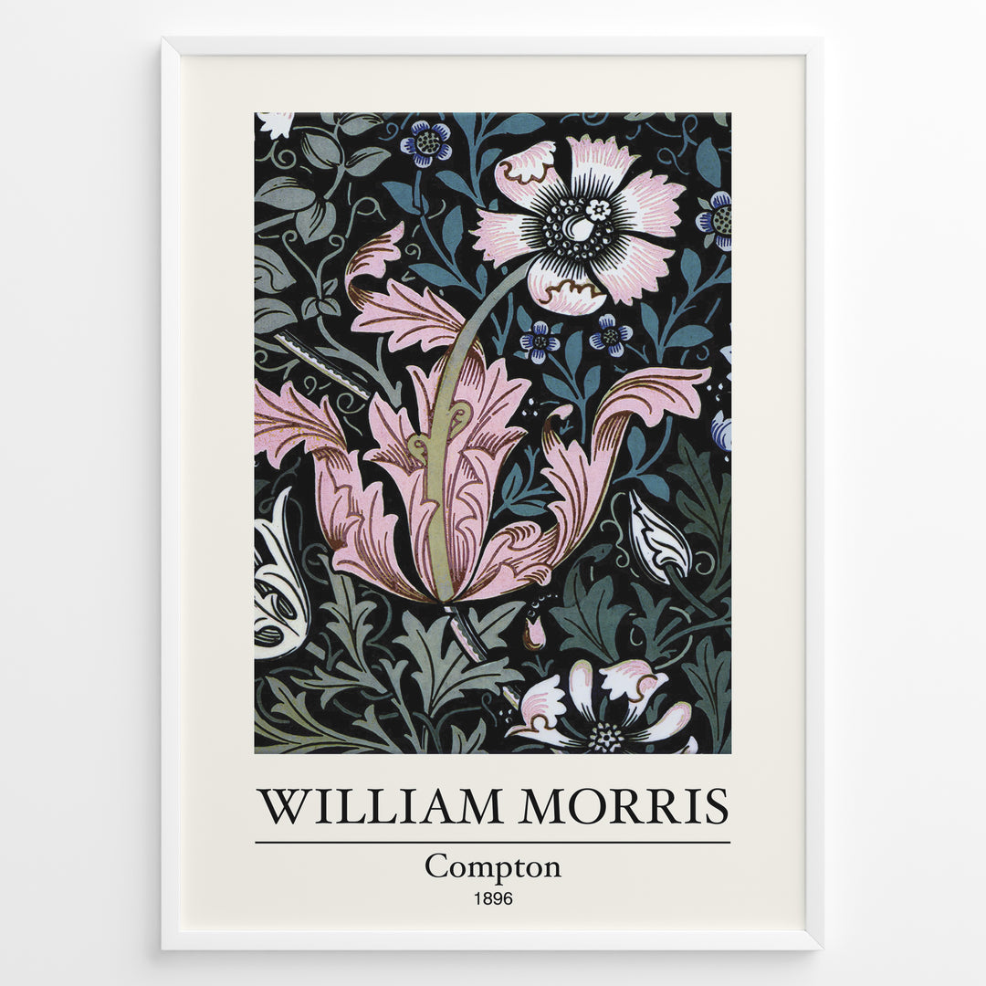 Framed William Morris Compton 1896 art print plakat featuring pink and white floral patterns with green leaves on a black background.