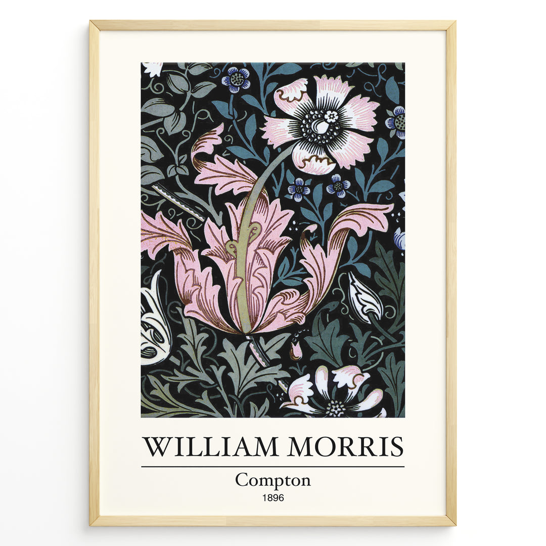 Framed William Morris Compton 1896 art print plakat featuring pink and white floral patterns with green leaves on a black background.