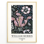 Indlæs billede til gallerivisning Framed William Morris Compton 1896 art print plakat featuring pink and white floral patterns with green leaves on a black background.
