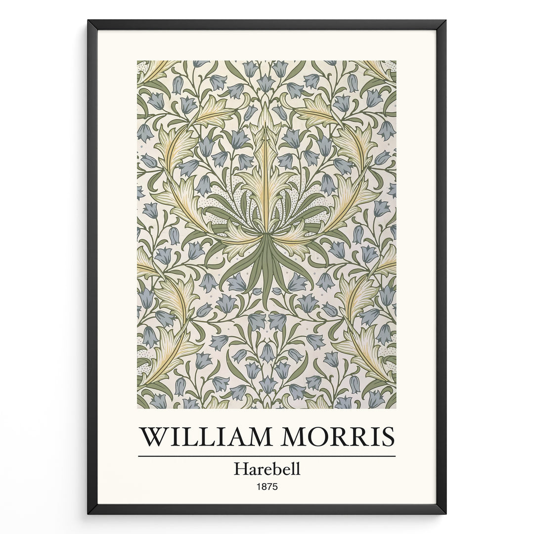 Framed William Morris Harebell 1875 art print plakat with intricate green and blue floral pattern on a light background.