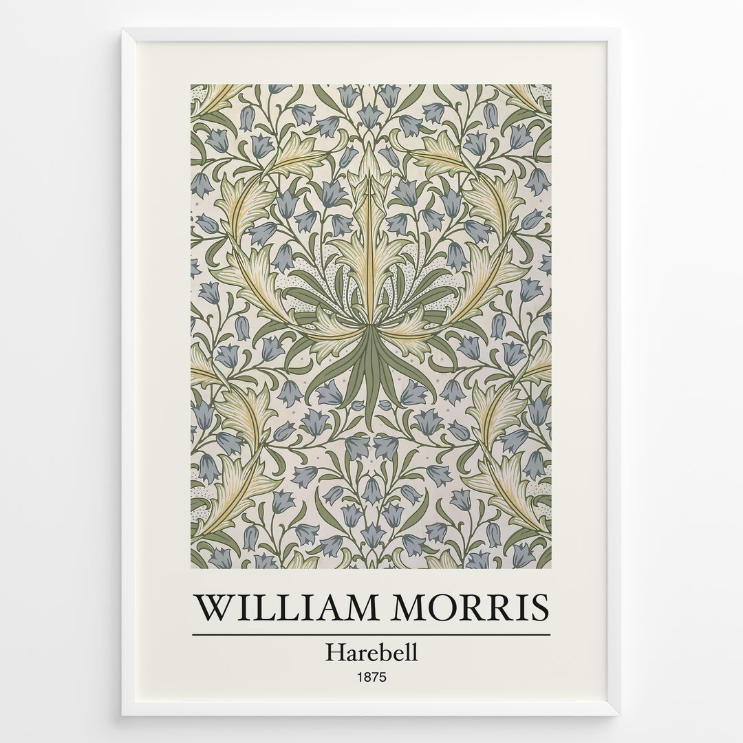 Framed William Morris Harebell 1875 art print plakat with intricate green and blue floral pattern on a light background.