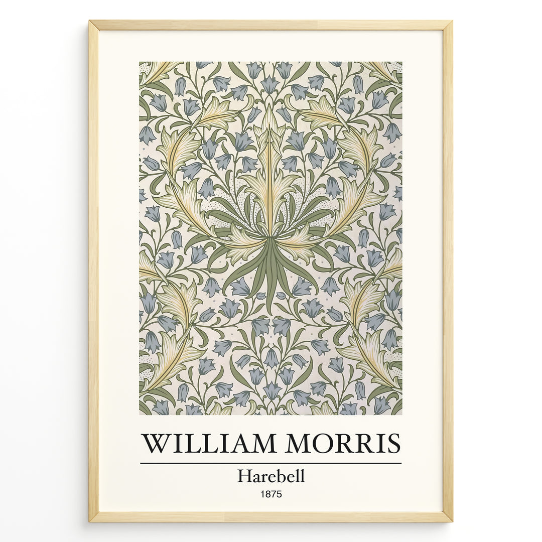 Framed William Morris Harebell 1875 art print plakat with intricate green and blue floral pattern on a light background.