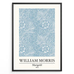 Indlæs billede til gallerivisning Framed William Morris Marigold 1875 art print plakat with detailed blue and white floral and leaf design.

