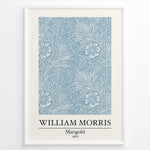Indlæs billede til gallerivisning Framed William Morris Marigold 1875 art print plakat with detailed blue and white floral and leaf design.
