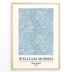 Indlæs billede til gallerivisning Framed William Morris Marigold 1875 art print plakat with detailed blue and white floral and leaf design.
