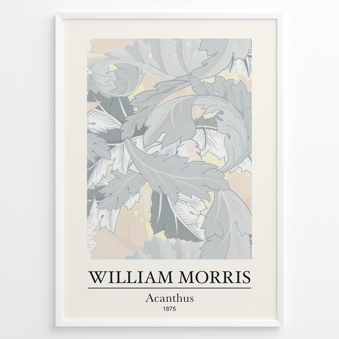 Framed William Morris Acanthus 1875 art print plakat with soft grey and beige leafy botanical pattern.