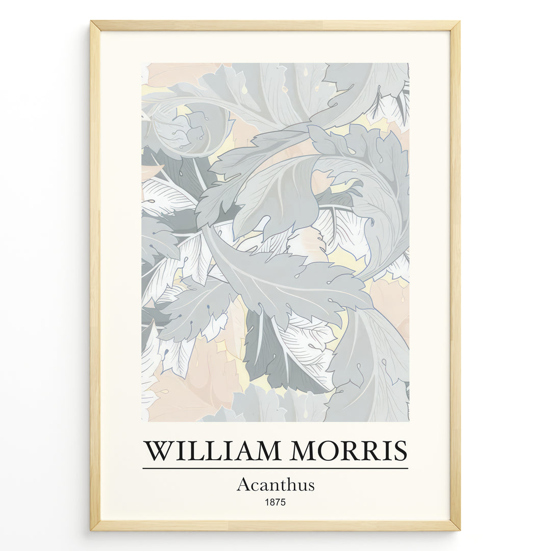 Framed William Morris Acanthus 1875 art print plakat with soft grey and beige leafy botanical pattern.