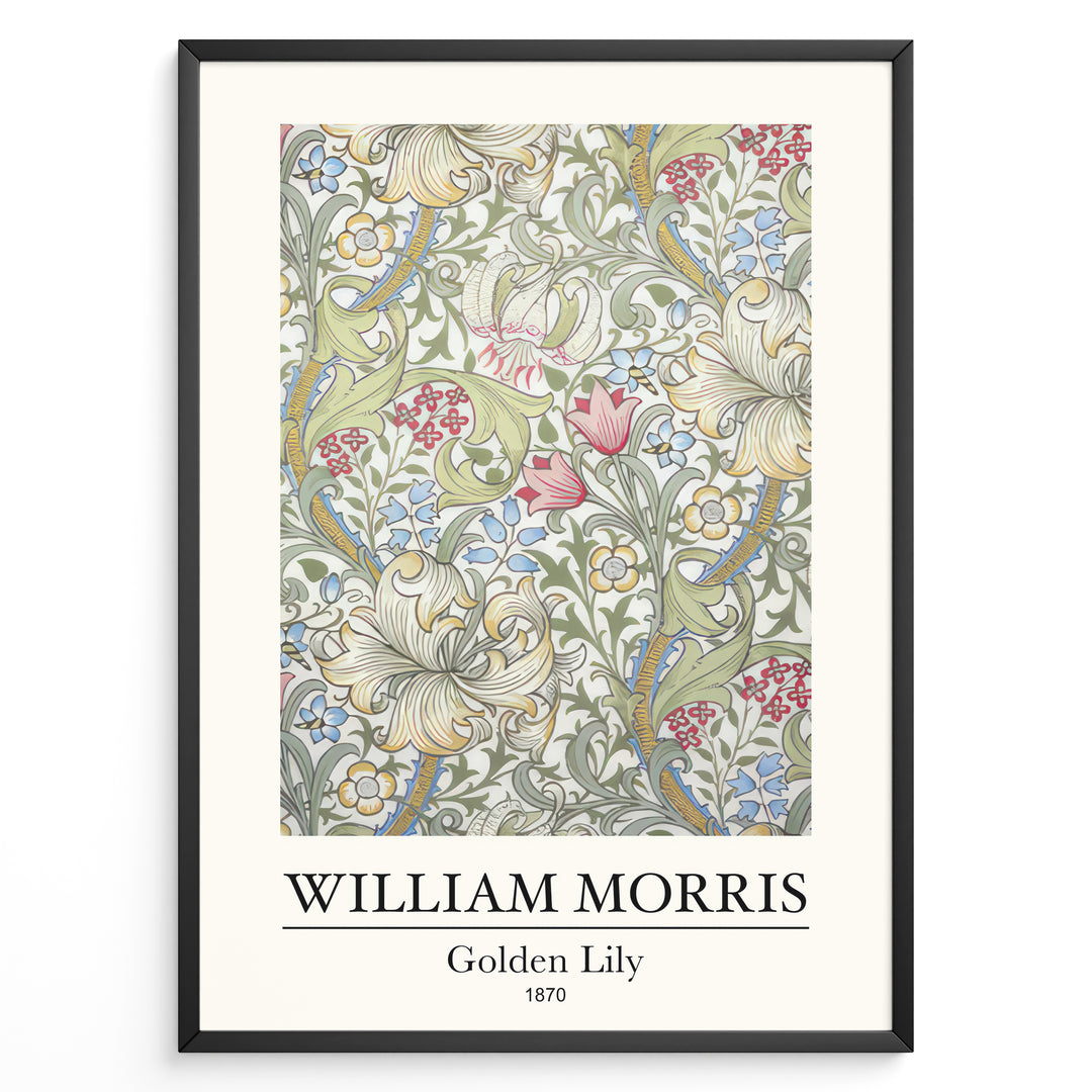 Framed William Morris Golden Lily 1870 art print plakat with detailed floral pattern in soft green, red, blue, and cream hues.