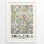 Indlæs billede til gallerivisning Framed William Morris Golden Lily 1870 art print plakat with detailed floral pattern in soft green, red, blue, and cream hues.
