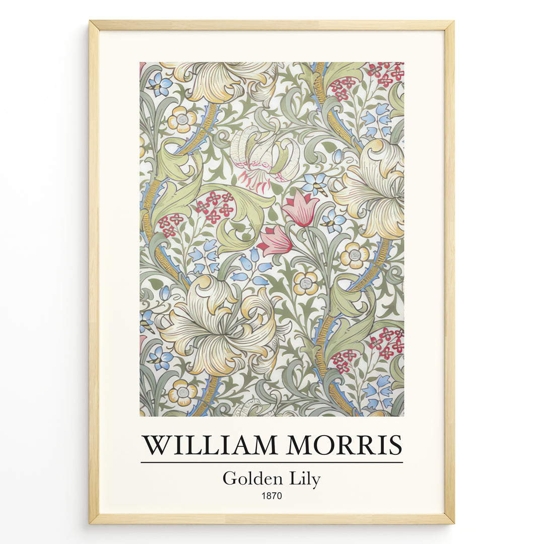 Framed William Morris Golden Lily 1870 art print plakat with detailed floral pattern in soft green, red, blue, and cream hues.