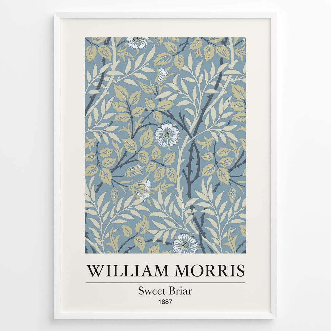 William Morris Sweet Briar 1887 botanical floral pattern art print with blue and beige leaves and flowers in black frame plakat.