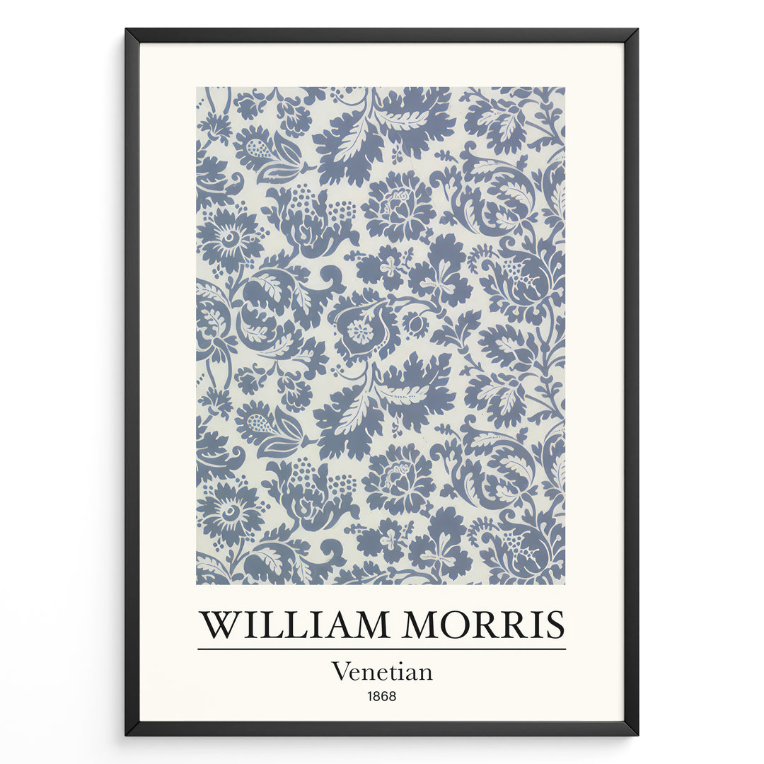 Framed William Morris Venetian 1868 art print plakat with detailed blue floral and leaf pattern on a light background.
