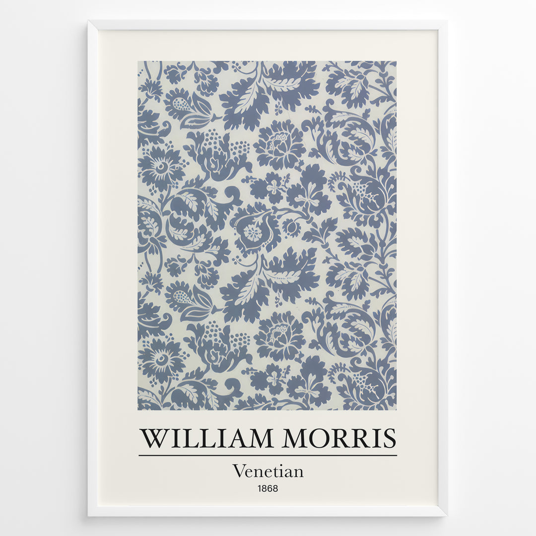 Framed William Morris Venetian 1868 art print plakat with detailed blue floral and leaf pattern on a light background.
