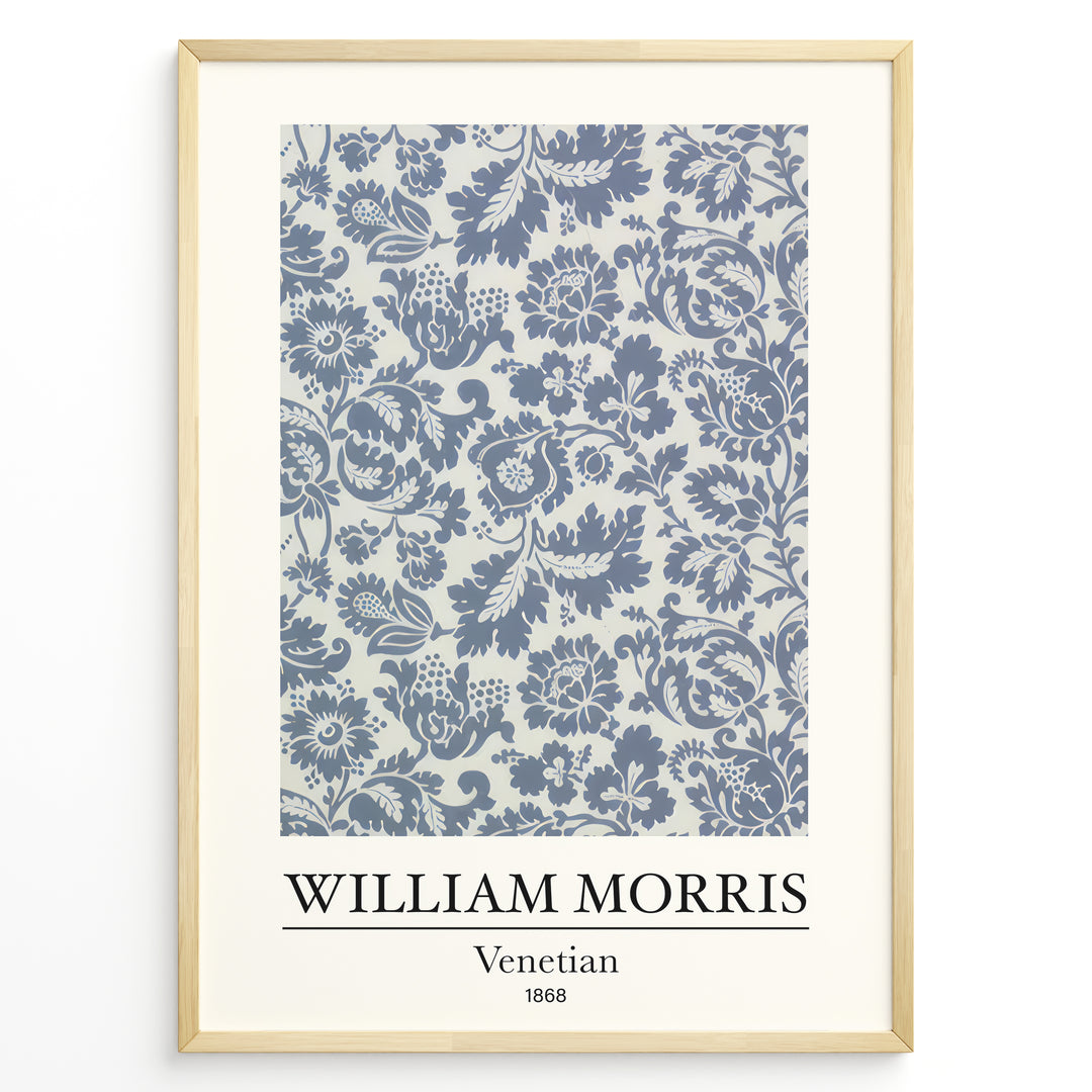 Framed William Morris Venetian 1868 art print plakat with detailed blue floral and leaf pattern on a light background.