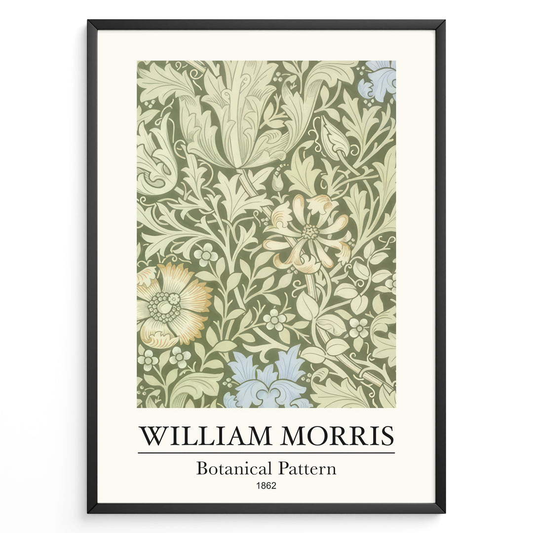 Framed William Morris Botanical Pattern 1862 art print plakat featuring detailed green and cream floral design with subtle blue and yellow accents.
