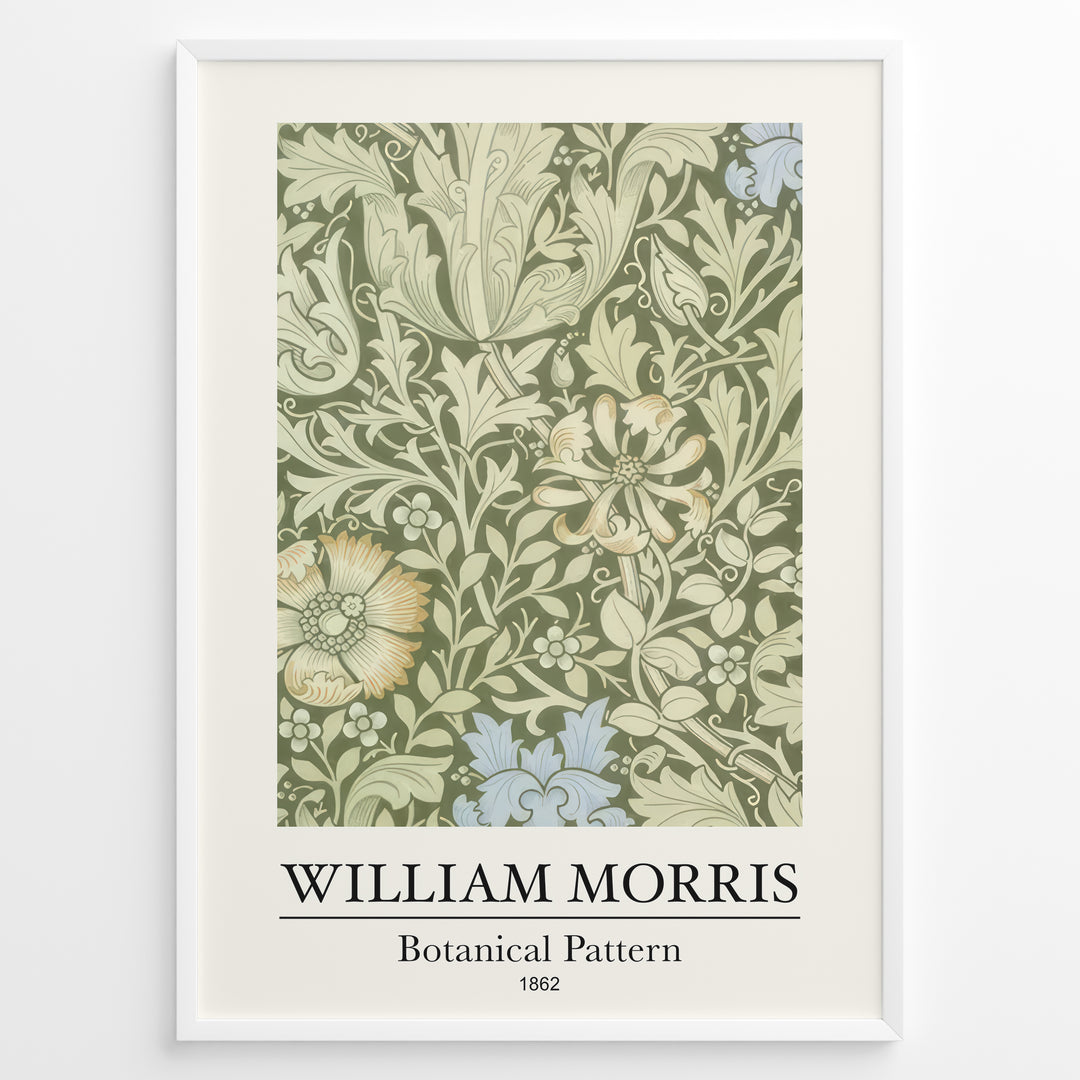 Framed William Morris Botanical Pattern 1862 art print plakat featuring detailed green and cream floral design with subtle blue and yellow accents.