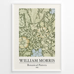 Indlæs billede til gallerivisning Framed William Morris Botanical Pattern 1862 art print plakat featuring detailed green and cream floral design with subtle blue and yellow accents.

