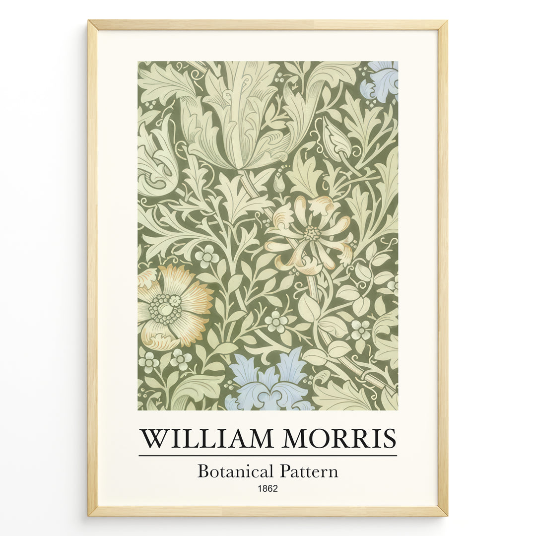 Framed William Morris Botanical Pattern 1862 art print plakat featuring detailed green and cream floral design with subtle blue and yellow accents.