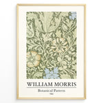 Indlæs billede til gallerivisning Framed William Morris Botanical Pattern 1862 art print plakat featuring detailed green and cream floral design with subtle blue and yellow accents.
