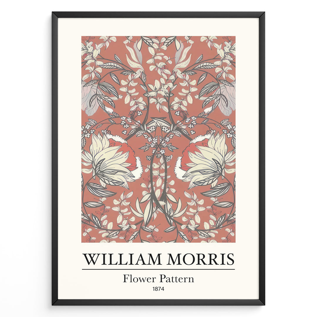 Framed William Morris Flower Pattern 1874 art print plakat with large cream flowers and vines on a terracotta background.