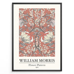 Indlæs billede til gallerivisning Framed William Morris Flower Pattern 1874 art print plakat with large cream flowers and vines on a terracotta background.
