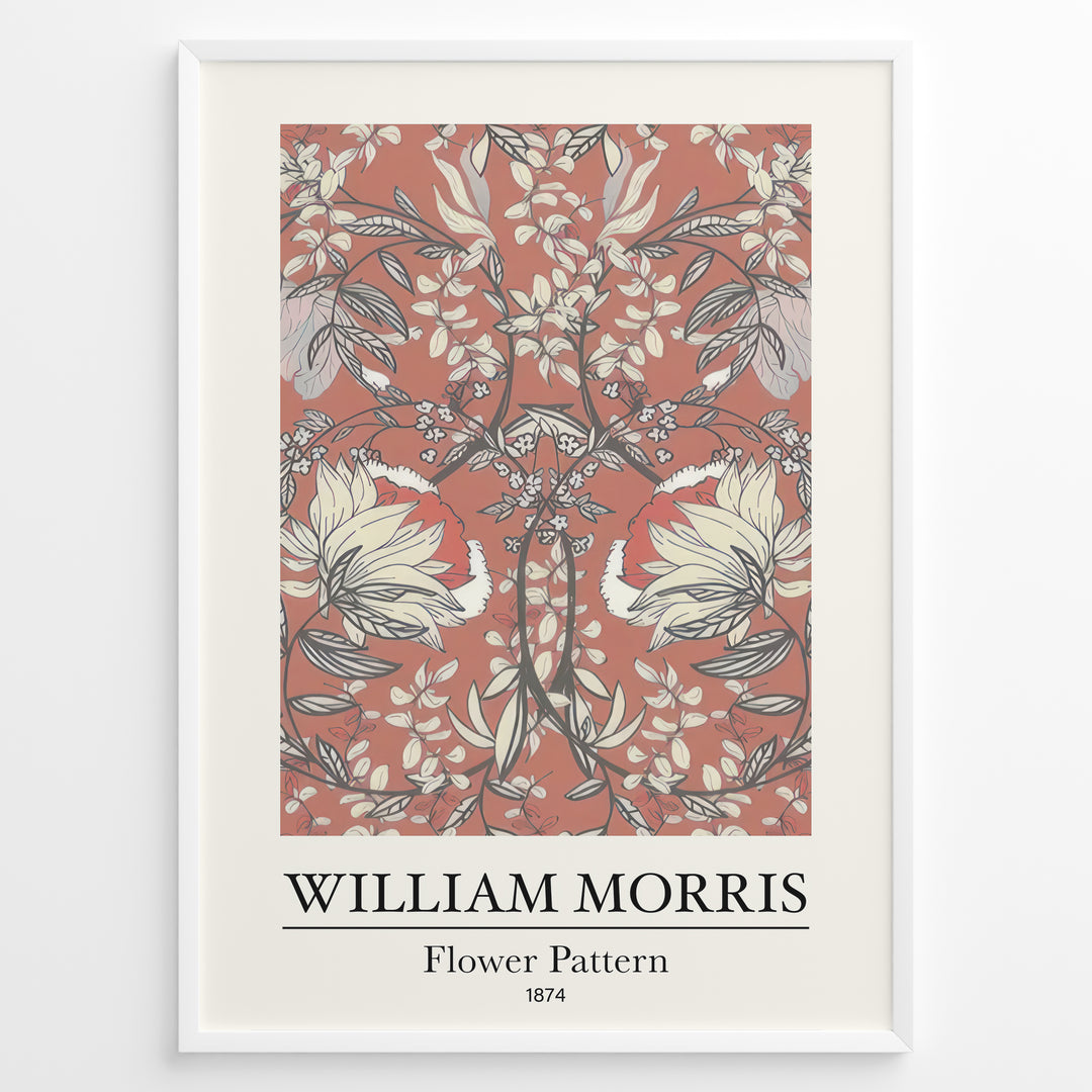 Framed William Morris Flower Pattern 1874 art print plakat with large cream flowers and vines on a terracotta background.