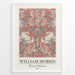 Indlæs billede til gallerivisning Framed William Morris Flower Pattern 1874 art print plakat with large cream flowers and vines on a terracotta background.
