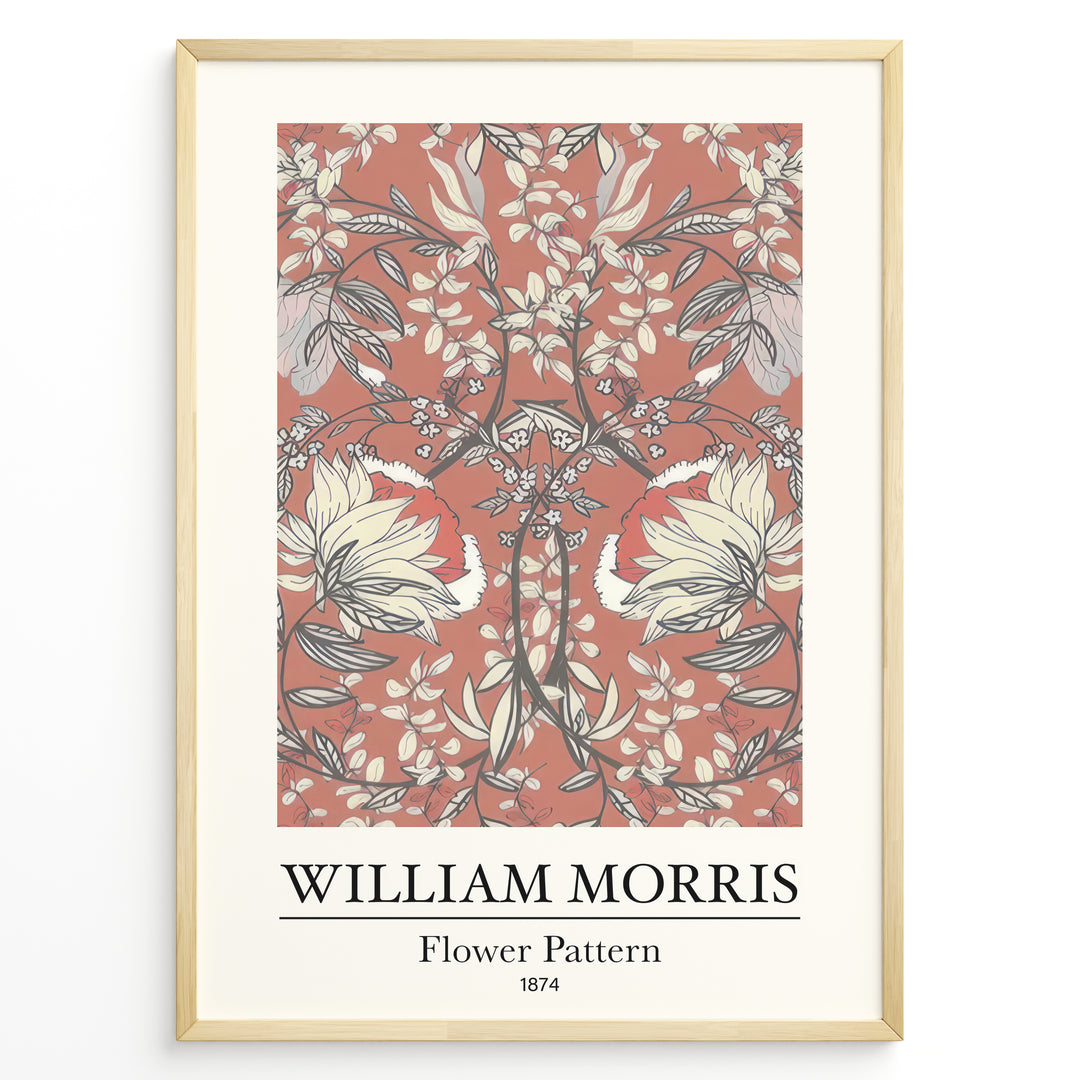 Framed William Morris Flower Pattern 1874 art print plakat with large cream flowers and vines on a terracotta background.