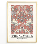 Indlæs billede til gallerivisning Framed William Morris Flower Pattern 1874 art print plakat with large cream flowers and vines on a terracotta background.
