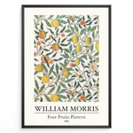 Indlæs billede til gallerivisning Framed William Morris Four Fruits Pattern 1862 art print plakat featuring yellow lemons, peaches, and green leaves on a cream background.
