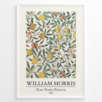 Indlæs billede til gallerivisning Framed William Morris Four Fruits Pattern 1862 art print plakat featuring yellow lemons, peaches, and green leaves on a cream background.
