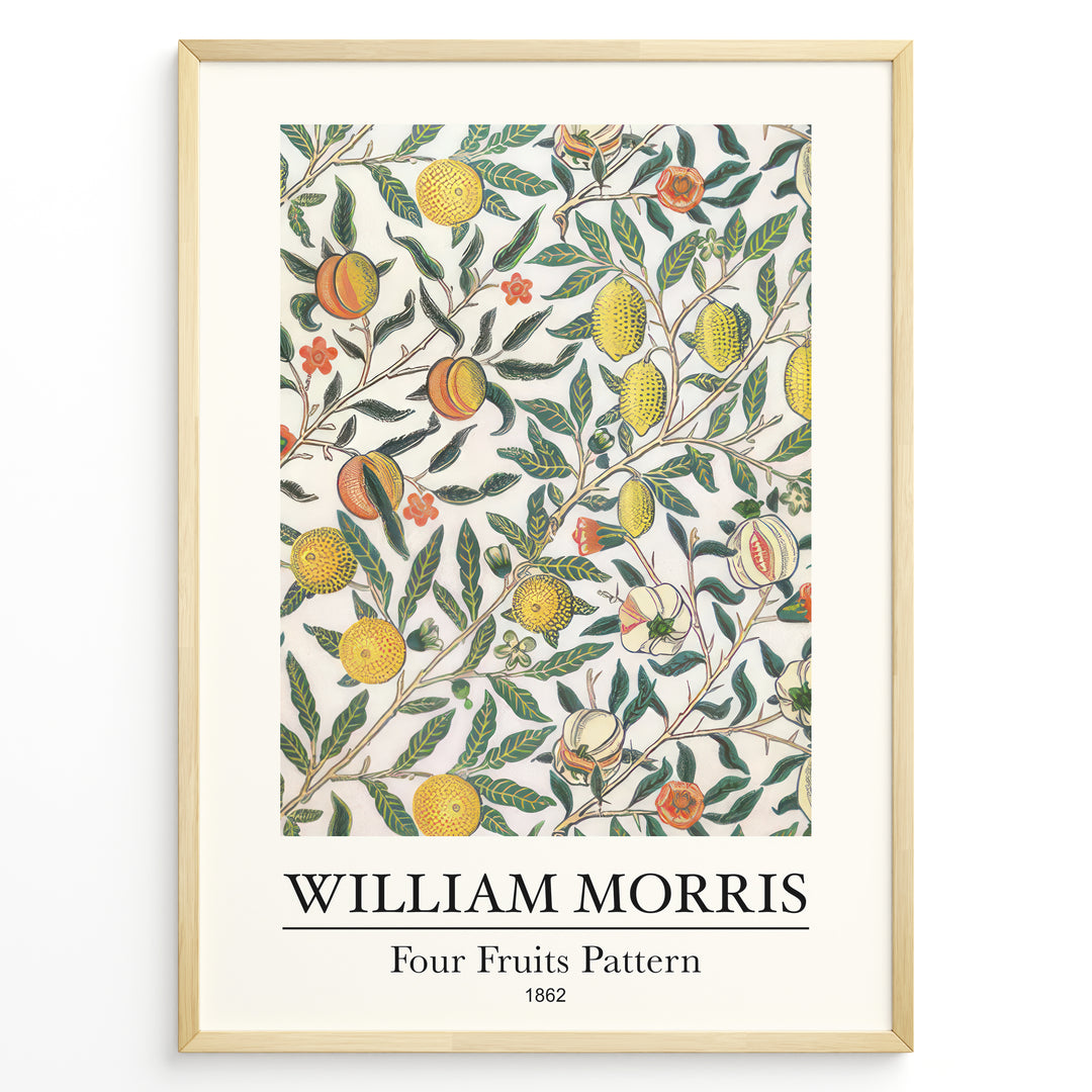 Framed William Morris Four Fruits Pattern 1862 art print plakat featuring yellow lemons, peaches, and green leaves on a cream background.