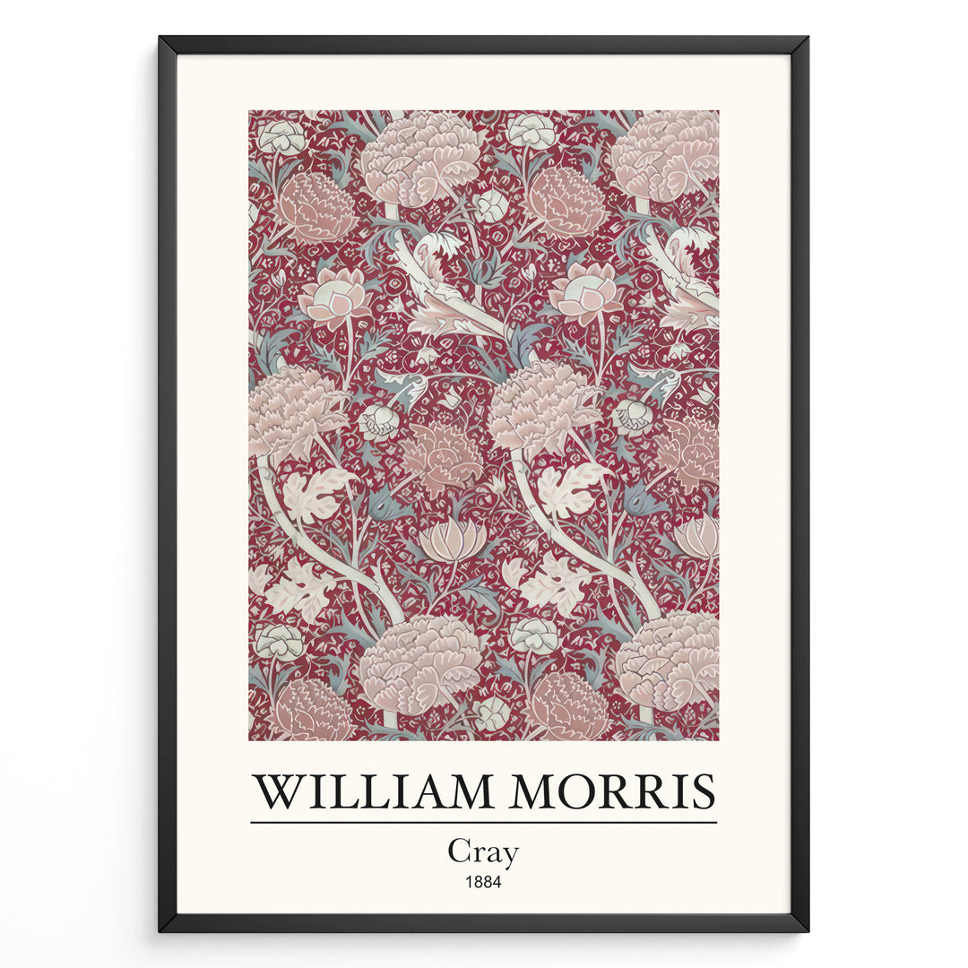 Framed William Morris Cray 1884 art print plakat with intricate red floral and leaf design accented by cream and pale blue tones.