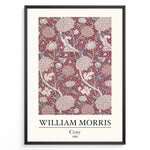 Indlæs billede til gallerivisning Framed William Morris Cray 1884 art print plakat with intricate red floral and leaf design accented by cream and pale blue tones.
