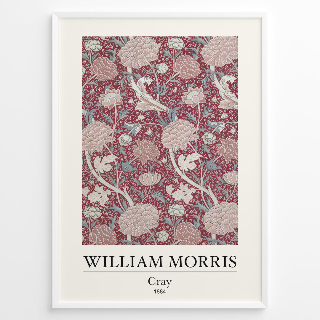 Framed William Morris Cray 1884 art print plakat with intricate red floral and leaf design accented by cream and pale blue tones.