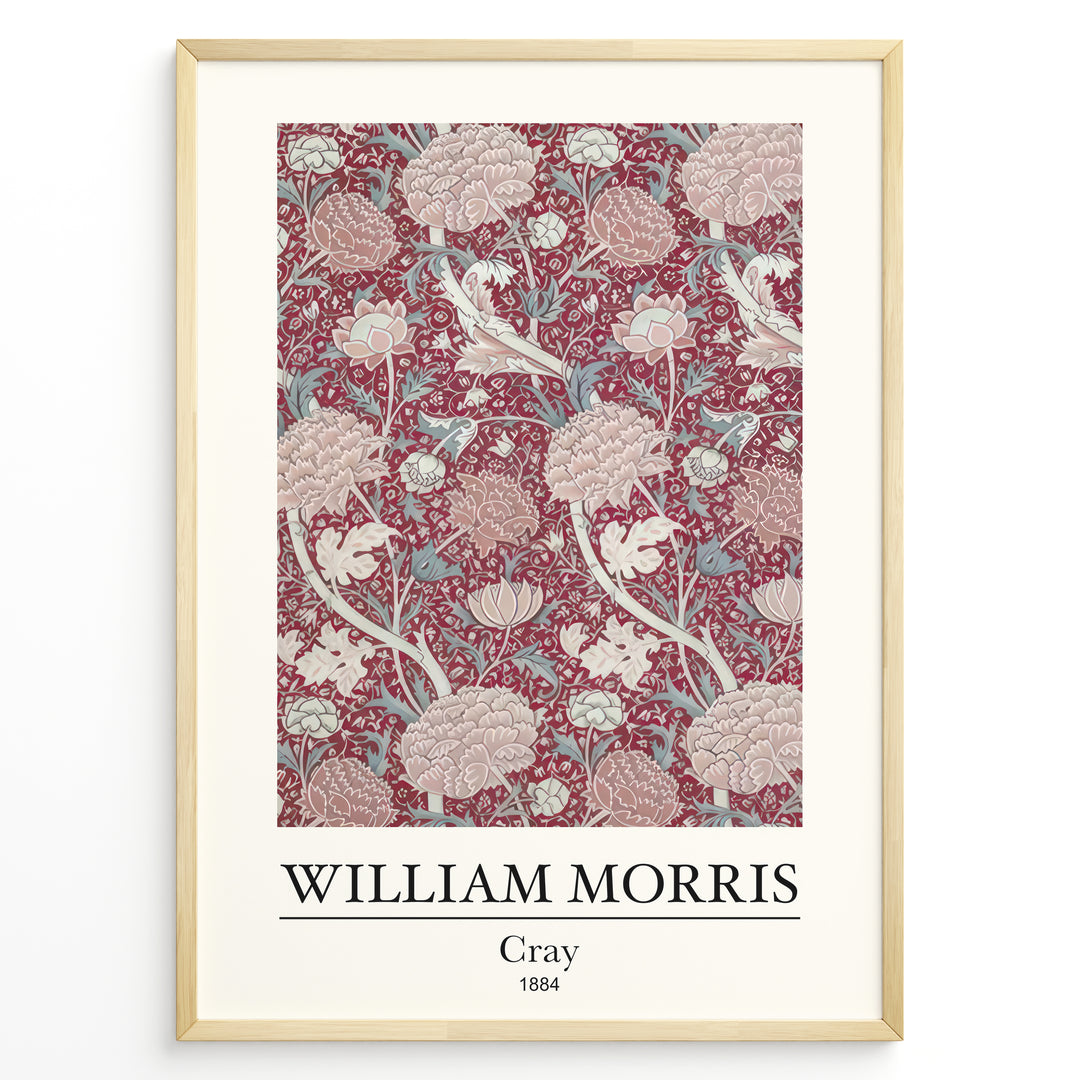 Framed William Morris Cray 1884 art print plakat with intricate red floral and leaf design accented by cream and pale blue tones.