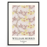 Indlæs billede til gallerivisning Framed William Morris Larkspur 1865 art print plakat with intricate floral and leaf patterns in beige, yellow, and red shades.

