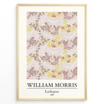 Indlæs billede til gallerivisning Framed William Morris Larkspur 1865 art print plakat with intricate floral and leaf patterns in beige, yellow, and red shades.

