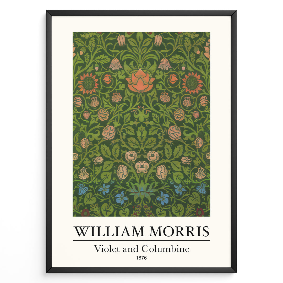 Framed William Morris Violet and Columbine 1876 art print plakat with detailed green foliage and red, pink, and blue floral patterns.