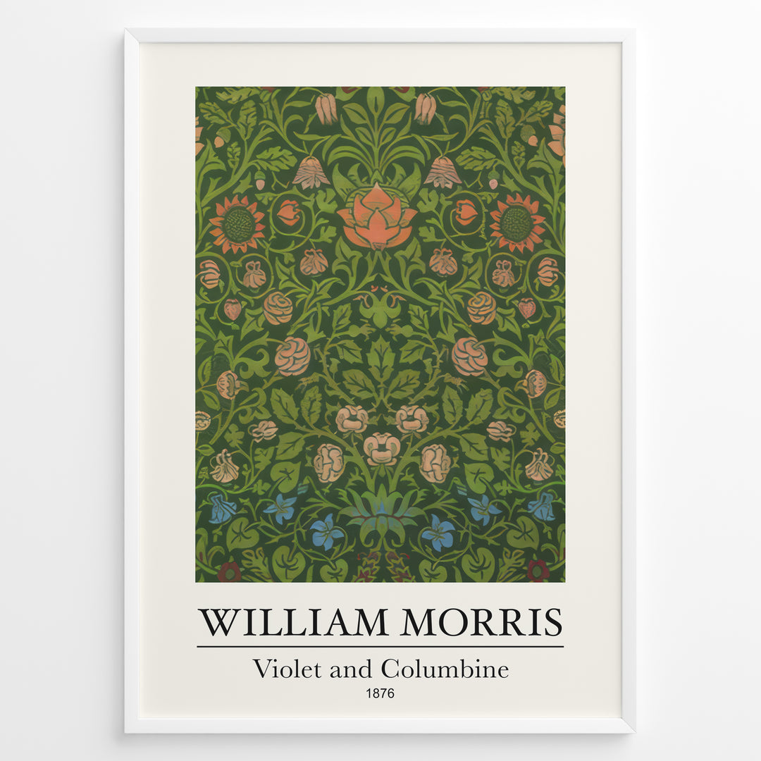 Framed William Morris Violet and Columbine 1876 art print plakat with detailed green foliage and red, pink, and blue floral patterns.