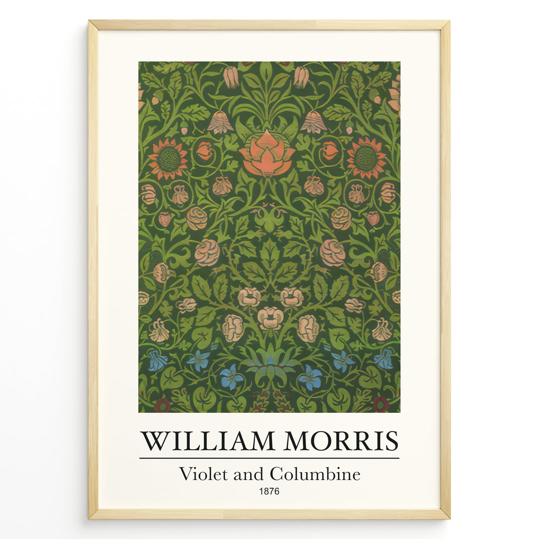 Framed William Morris Violet and Columbine 1876 art print plakat with detailed green foliage and red, pink, and blue floral patterns.