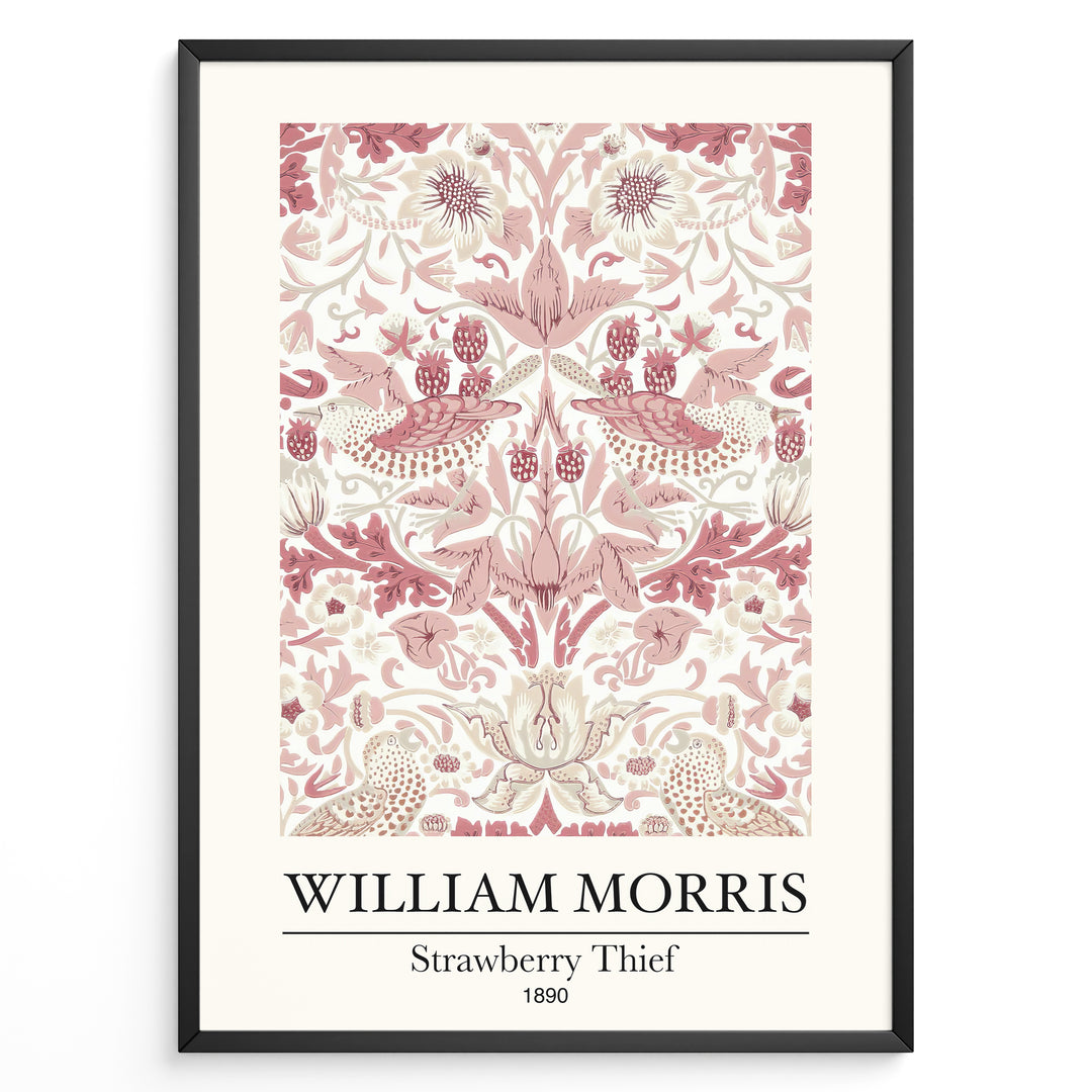 Discover the William Morris “Strawberry Thief” (1890) art print plakat — a classic design featuring intricate birds, strawberries, and floral patterns in soft pink and cream tones. Perfect for elegant home décor and art lovers inspired by nature.