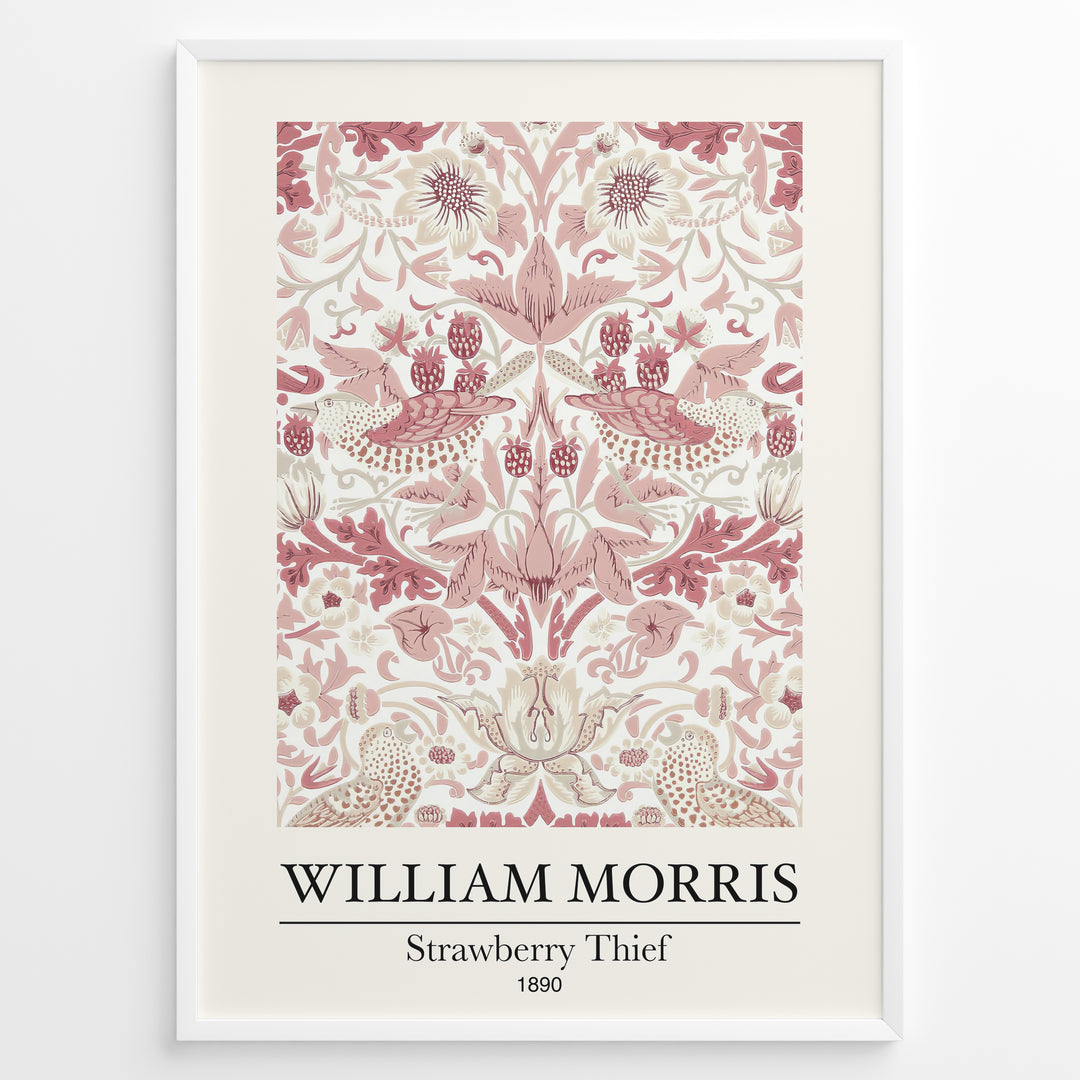 Discover the William Morris “Strawberry Thief” (1890) art print plakat — a classic design featuring intricate birds, strawberries, and floral patterns in soft pink and cream tones. Perfect for elegant home décor and art lovers inspired by nature.