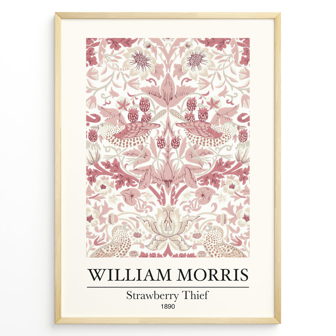 Discover the William Morris “Strawberry Thief” (1890) art print plakat — a classic design featuring intricate birds, strawberries, and floral patterns in soft pink and cream tones. Perfect for elegant home décor and art lovers inspired by nature.
