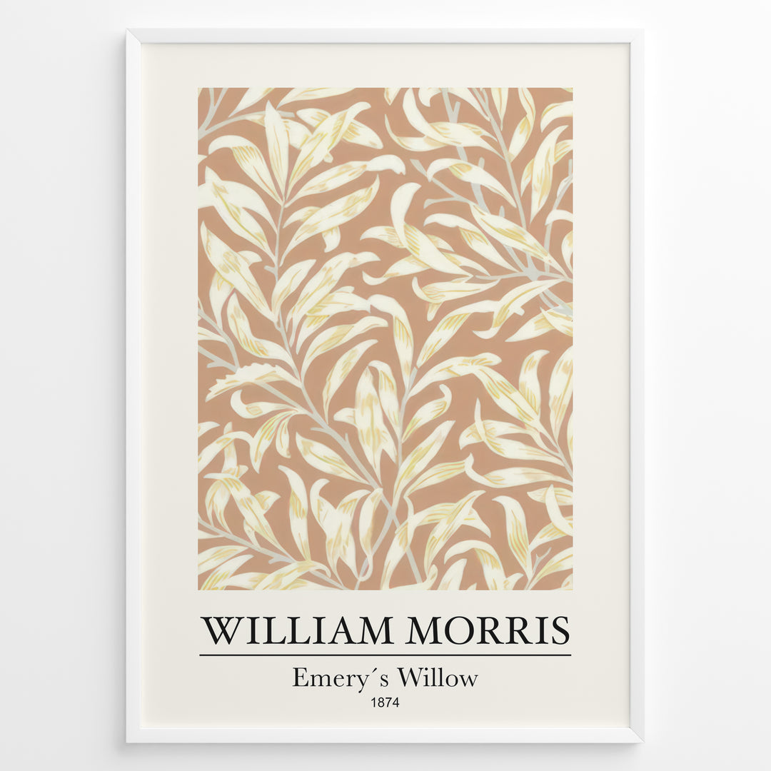 Framed William Morris Emery’s Willow 1874 art print plakat with yellow willow leaves and branches on a beige background.