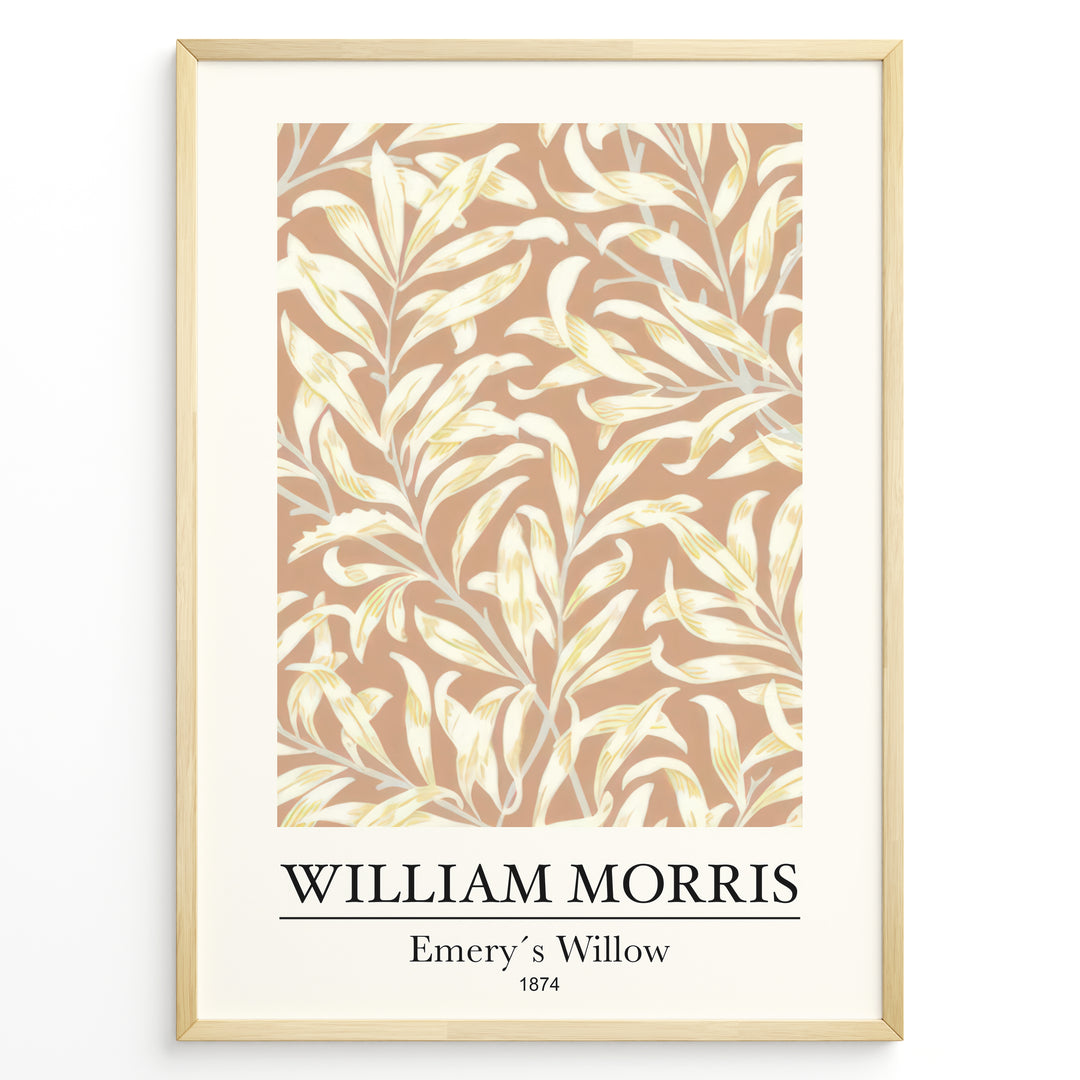 Framed William Morris Emery’s Willow 1874 art print plakat with yellow willow leaves and branches on a beige background.