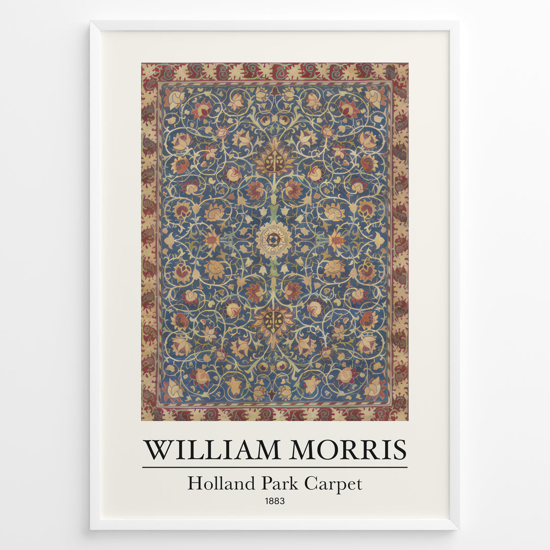 Framed William Morris Holland Park Carpet 1883 art print plakat with detailed blue, red, and gold floral carpet design.