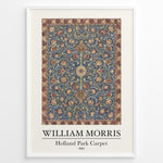 Indlæs billede til gallerivisning Framed William Morris Holland Park Carpet 1883 art print plakat with detailed blue, red, and gold floral carpet design.
